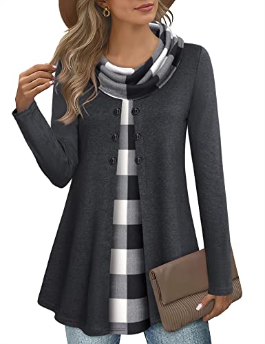 Gaharu Damen Pullover Business Langarmshirt Elegant Rollkragen Pulli Baumwolle Oberteile Langarm Turtleneck Shirt Grau Locker Lässige Pullover Herbstpullover Kariert von Gaharu