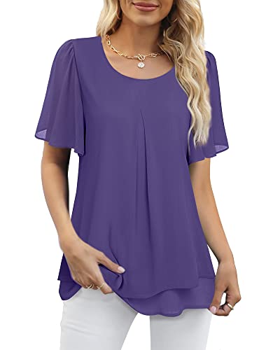 Gaharu Damen Rüschen Kurzarm Blusen Doppellagiges Hemd Arbeit Tunika Tops, Veilchen, Groß von Gaharu