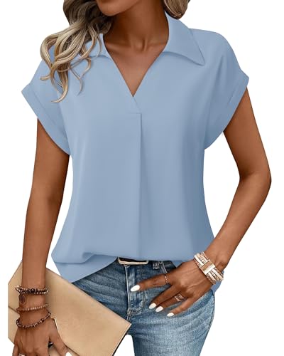 Gaharu Damen Sommer Arbeitsbluse V Ausschnitt Kurzarm Revers Shirt Oberteil Tunika, blau / grau, X-Groß von Gaharu