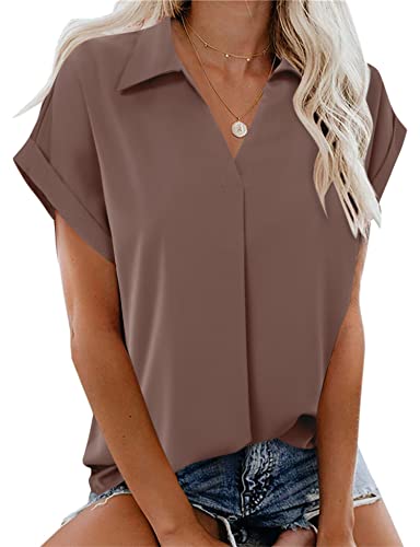 Gaharu Damen Sommer Arbeitsbluse V Ausschnitt Kurzarm Revers Shirt Oberteil Tunika, coffee, Groß von Gaharu