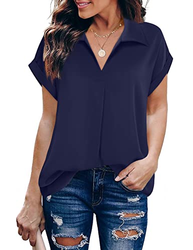 Gaharu Damen Sommer Arbeitsbluse V Ausschnitt Kurzarm Revers Shirt Oberteil Tunika, dunkelblau, Groß von Gaharu