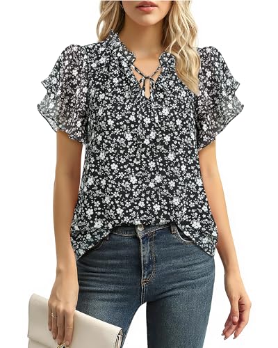 Gaharu Damen Sommer Bluse:Tunika Damen Elegant Kurzarm Oberteile Große Größe - Fließend Leicht Doppelt Geschichtet Abendgarderobe - Business Freizeitkleidung Täglich Arbeit Bluse Schwarz XXL von Gaharu