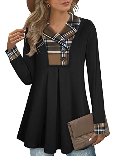 Gaharu Damen Swing Tunika Kerbkragen Damen Knopf Sweatshirt Langarm Pullover Shirt Tops, Kaffee-Plaid, XX-Large von Gaharu