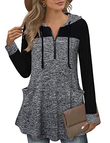 Gaharu Damen Tunic Shirt Pullover Tops Kapuzenshirts Casual Langarm Reißverschluss Longshirt Frauen Hoodies V Ausschnitt Elegant Tshirt Strick Herbst Winter Locker A Linie Oberteil Multi-Schwarz,M von Gaharu