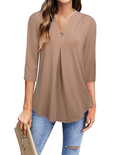 Gaharu Damen Tunika, 3/4 ärmel Casual Tunika Business Büro Bluse übergröße Schick Schöne Oberteile Frühling Elegant Große Größen Blusen Frauen Tunikabluse Khaki von Gaharu