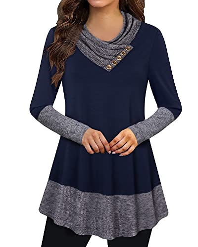 Gaharu Damen-Tunika, langärmelig, Knopf, Wasserfallkragen, Blumenmuster, lässig, Tunika, Tops, Blau gerippt., X-Large von Gaharu