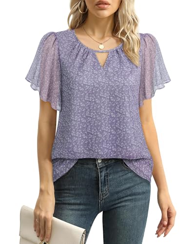 Gaharu Damen Tunika Kurzarm Elegant:Blusenshirt Festliche Blusen zur Hochzeit Shirt - Damen Elegant Arbeit Outfit Oberteile Frauen Lässig Schick Modisch Sommerbluse Blumen Lila XL von Gaharu