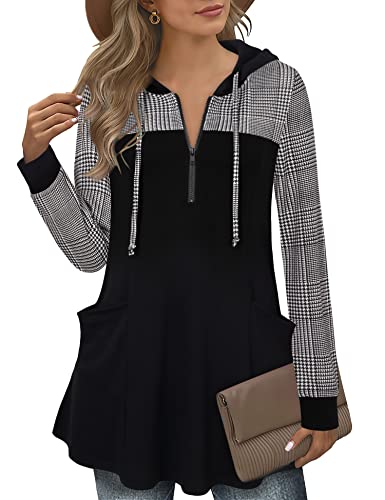 Gaharu Damen Tunika Langarm Elegant Lang Festlich Pullover Herbst Winter Pulli mit Kapuze Tunikashirt Business Pullover Kariert Langarmshirt Winter Baumwolle Sweatshirt Hahnentritt,XL von Gaharu