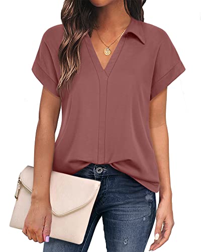 Gaharu Damen Tunika Shirt, Damenblusen Elegant Sommer Arbeits Tshirt Kurzarm Damen Bluse Altrosa Elegant Blusenshirt Festlich Bluse Feierliches Oberteil Damen Kleidung Modern Sommer Outfit Frauen von Gaharu