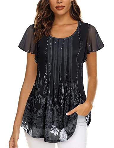 Gaharu Damenbluse Elegant Festlich Kurzarm Tunika Damen Lang Hochzeitsgast Bluse zum Ausgehen Abendgarderobe Sommer Oberteile Frauen Schick Shirts Wasserfall Blumen, mit Transparenten ärmeln von Gaharu