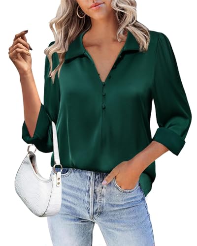 Gaharu Damenbluse aus weichem Satin, Seide, Hemden, Knopf, V-Ausschnitt, langärmelig, Büro, Arbeit, Tunika, Tops, Grün , XX-Large Gaharu Damenbluse aus weichem Satin, Seide, Hemden, Knopf, V-Ausschnitt, langärmelig, Büro, Arbeit, Tunika, Tops, Grün , XX-Large von Gaharu