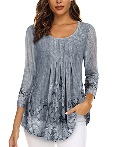 Gaharu Damenblusen 3/4 Arm Elegant Business Oberteil Frauen Festlich Tunika Damen zur Hochzeit Top Trendy Weite Passform Bluse A-Form Weich Falten Shirt Fallende Mehrlagige Bluse Grau-Blumen,XL von Gaharu