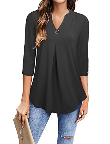 Gaharu Damentunika 3/4 Ärmel Tunika Shirt Top Damen Long Bügelfrei Business Oversize Frauen Damenoberteile Hemd V Neck Summer Freizeit Lose Arbeit Schickes Women Damenoberteil Schwarz, XXL von Gaharu