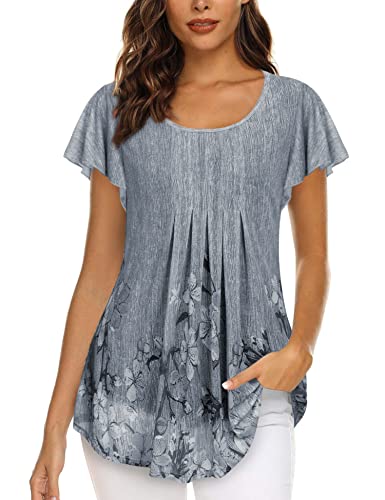 Gaharu Elegante Bluse Damen Kurzarm Sommer Tunika für Damen Rüschenbluse Blumendruck Shirt Fashion Oberteil Damenblusen Fließende Blusenshirt Casual Business Freizeittop mit Runder Saum Grau-Blumen,L von Gaharu