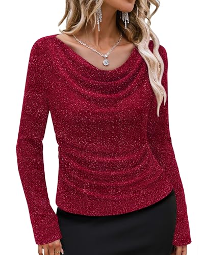 Gaharu Elegante Party Oberteile Damen: Glitzer Modische Damen-Shirt - Wasserfallkragen Festliche Bluse - Herbst Elegante Abendkleid von Gaharu