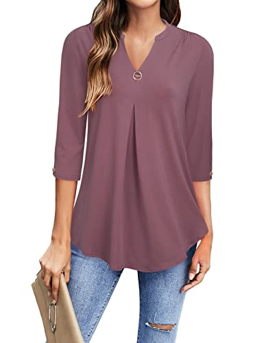 Gaharu Festliche Blusen Damen zur Hochzeit Große Größen Lang Bluse 3/4 Arm Elegant Business Oberteil A-Linie Tunika V-Ausschnitt Bügelfrei Bekleidung Damen Longshirts Rose,XXXL von Gaharu