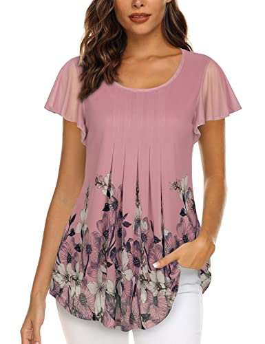 Gaharu Festliche Tunika Damen Sommer Kurzarm Elegant Longtop Lang Sommeroberteil Rundhals Female Lässige Longoberteile A-Linie Weite ärmel Classy Trendy Shirts für Damen Hemdbluse Rosa-Blumen,XXL von Gaharu