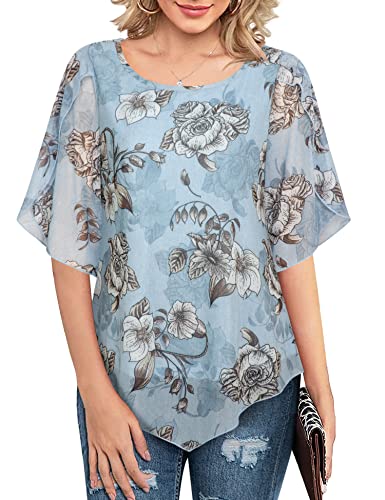 Gaharu Halbarmblusen Damen Elegant Schönes Oberteil Damen Festlich Rundkragen Weich Romantische Bluse Wunderschön Shirt Lose ärmel Longshirt Frauen Lässig Sommer Ausgefallene Tunika Blau Blumen,M von Gaharu