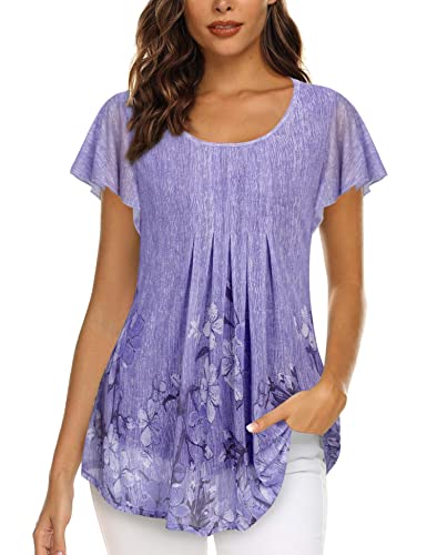 Gaharu Kurzarm Tunika Damen Abendblusen Festlich Elegant Bluse Vorne Kurz Hinten Lang Oberteile für Frauen Schönes Oberteil Locker Sommershirtsdamen Oversize Sommer Damentunikas Violett Blume,XL von Gaharu