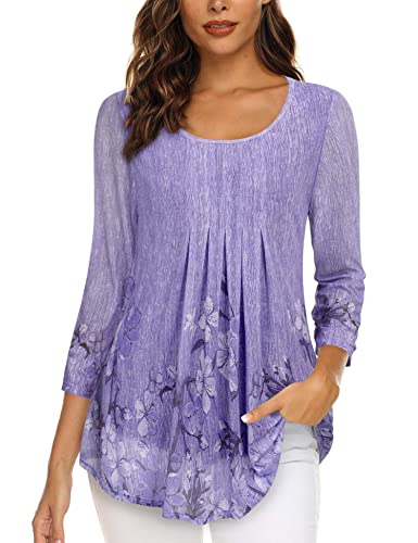 Gaharu Longbluse Damen 3/4 Arm Elegante Oberteile Damen Festlich Herbst Kleidung Abend Tunika Große Größe Oberteile A Linie Legere Hübsche Blusen Rundhalsausschnitt Blusentunikas Lila Blumen,XXL von Gaharu