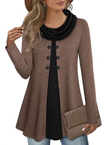 Gaharu Longpullover für Damen Baumwolle Lässige Pullover Damen Braun Schalkragen Hoodie Damen Lang Strick Tunika Damen Winter Hoddies/Pullies Damen Warm Patchwork Sweatshirt Ohne-Kapuze,L von Gaharu