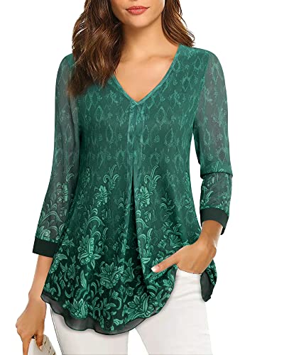 Gaharu Damen 3/4 Arm Lässiges Legeres Tunika Shirt in A-Linien Form - Schickes Weites Bügelfreies Frühlings-Shirt mit Blumenmuster in Grün von Gaharu