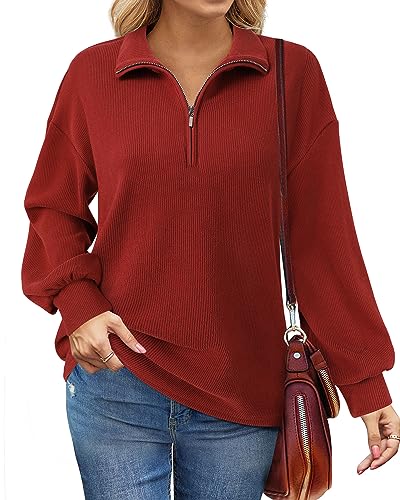 Gaharu Pullover Damen Elegant Oversize Hoodie Drop Shoulder Langarmshirt Damen Winter Pulli Warm Warm Pullover Elegant Longshirt Damen Lässig Persimmon Rot,M von Gaharu