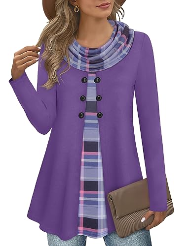 Gaharu Pullover Damen Lang Dünn Baumwolle Shirt Damen Langarm Pullover Damen Bekleidung Damen Elegant Festlich Winter Oberteil Lange Pullis für Frauen Tunika Violett,M von Gaharu