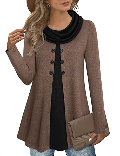 Gaharu Damen Pullover Lang Winter Elegant Oversize Vintage Langarm Dünn Lässige Langarmshirt Baumwolle Locker Hoodie Schalkragen Braun, M von Gaharu