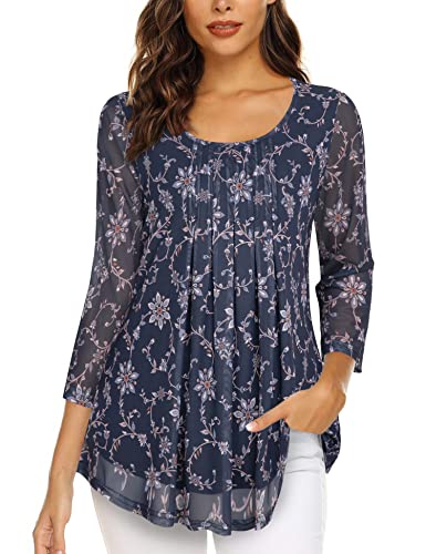 Gaharu Schicke Tunika Abendmode Damen Festlich Oberteil 3/4 Arm Damen Elegant A-Linien Shirt Lässig Longshirt Chic Bluse Legere Oberteile Longform Bluse Frauen Locker Damentunikas Reife-Blumen,L von Gaharu