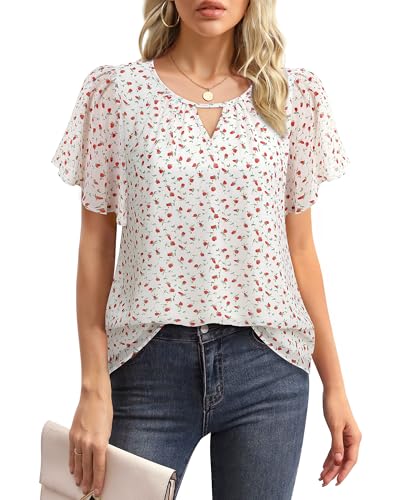 Gaharu Shirt Damen Sommer Elegant:Business Casual Arbeit Oberteil - Festliche Abend Bluse Kurzarm - Frauen Rundhals Tunika Mode 2025 Professionell Top Blumen Weiß XXL von Gaharu