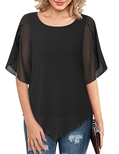 Gaharu Sommer Oberteile Damen Locker Elegant Bluse Lang Doppellagige Shirt Kurzarmblusen für Damen Festlich Formelle Kleidung für Frauen Trendy Sassy Legere Lässige Blusen Abendgarderobe Schwarz,XL von Gaharu