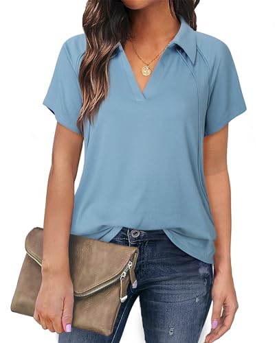 Gaharu Sommer Shirt Damen Kurzarm Tshirt Baumwolle Damen Bluse Elegant Festlich Blau Sommer Blusen für Damen Reverskragen Short Sleeves Women Blouse Business Office Blusenshirt von Gaharu