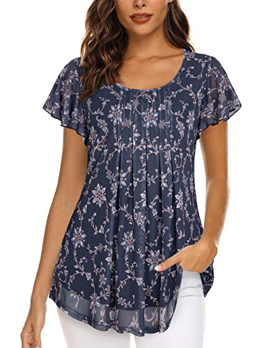 Gaharu Sommer Tunika Damen Leicht Plissierte Bluse Rüschen ärmel Tuniken Damen Elegant Frauen Kleidung Blusen Elasthan Knitterfreie Kurzarmblusen für Damen Elegant Oversize Romantik Bluse Blume,XL von Gaharu