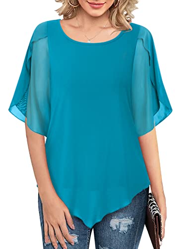 Gaharu Tunika Damen Elegante Business Bluse Kurzarm Longblusen und Tuniken Damen Festlich Sommer Shirts für Damen Lässig Mehrlagige Bluse Halbe ärmel Schönes Oberteil Frauen Shirt Weit Cyan,M von Gaharu