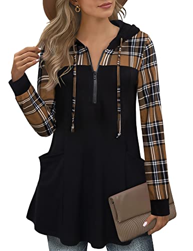 Gaharu Tunika Damen Langarm Elegant Kapuzenpullover Damen mit 1/4 Reissverschluss Festliche Pullover für Damen Hoodie mit Kapuze Lang Kapuzenoberteil Frauen Pullover Schick Lässig Schwarz Kariert,M Gaharu Tunika Damen Langarm Elegant Kapuzenpullover Damen mit 1/4 Reissverschluss Festliche Pullover für Damen Hoodie mit Kapuze Lang Kapuzenoberteil Frauen Pullover Schick Lässig Schwarz Kariert,M von Gaharu