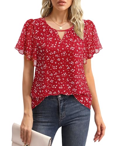 Gaharu Tunika Damen Sommer Elegant:Kurzarm Festlich Bluse - Damenmode 2025 Arbeit Business Damenshirt Große Größen -Rundhals Casual Rüschenärmel Oberteile Gepunktet Rot XXL von Gaharu