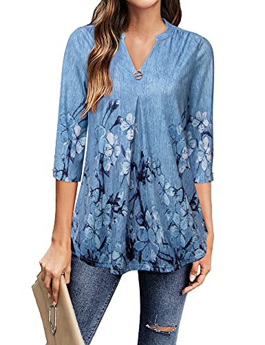 Gaharu Tunika Shirt Top Damen Long Bügelfrei Business Oversize 3/4 Ärmel Longbluse Frauen Longoberteile Hemd V-Neck Summer Freizeit Lose Arbeit Schickes Women Blouse Geblümt Blaue Blumen, L von Gaharu