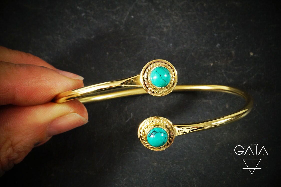 Armreif Aus Messing Türkis & Mondstein Boho Schmuck von GaiaExperience