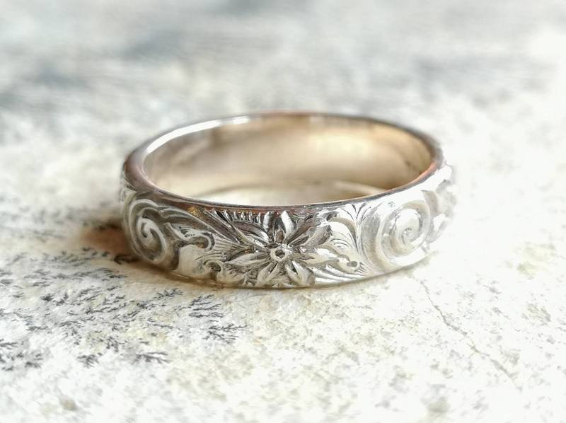 Breite Blumenmuster Sterling Silber Ehering - Unisex Versprechen Ring Geschenk Für Freundin von GaiasCandy