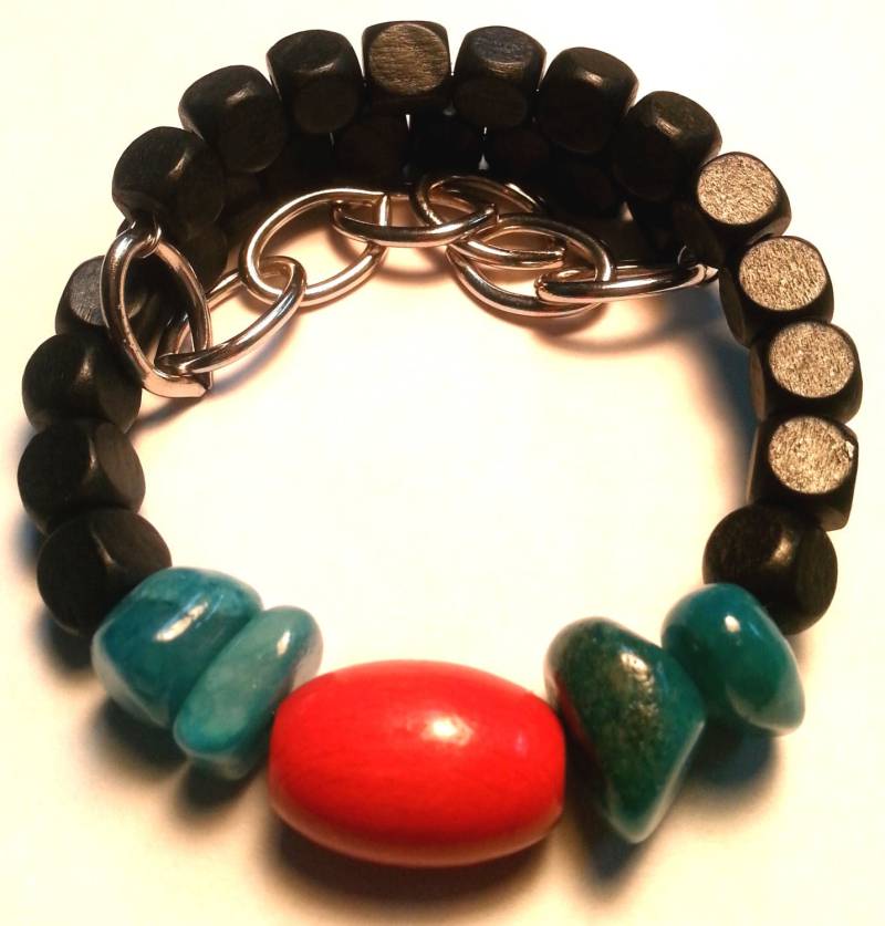 Herren Oder Unisex Holz Rot Und Schwarz Perlen Blau Jaspis Auswertbare Armband von GailMadeItDesigns