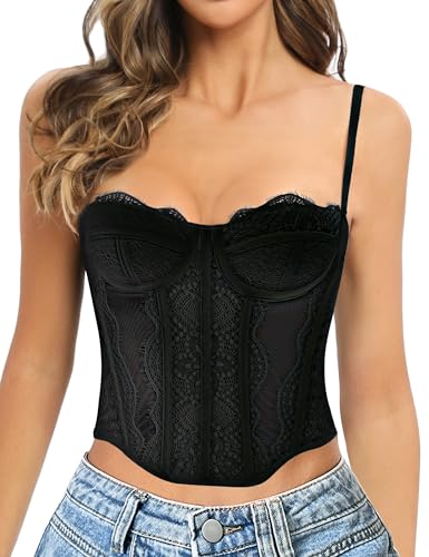 GainKee Spitze Korsett Tops für Frauen Spitze Bustier Korsett Top mit Riemen Frauen Korsett Ausgehen Party Crop Top, Schwarz, Small von GainKee