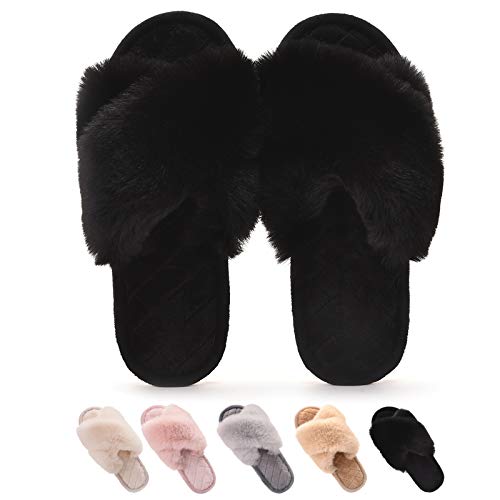 Gainsera Hausschuhe Damen Flauschige Plüsch Pantoffeln Crossover Weich Bequem Winter Fellhausschuhe für Damen,Schwarz 38-39 EU 260 von Gainsera