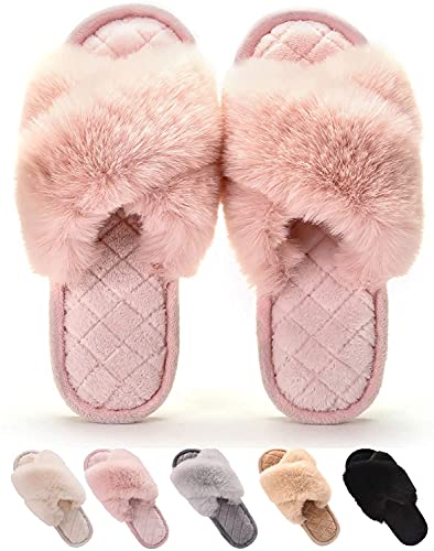 Gainsera Hausschuhe Damen Flauschige Plüsch Pantoffeln Crossover Weich Bequem Winter Fellhausschuhe für Damen,a Pink 36-37 EU 250 von Gainsera