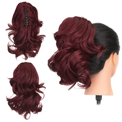 Gairyan 30cm Pferdeschwanz Haarteil Zopf Extensions Lang Lockige Claw Clip in Ponytail Extensions Synthetik Haare Extensions Gewellt Haarteil Haarverlängerung für Frauen (Weinrot) von Gairyan
