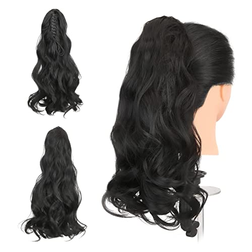 Gairyan 45cm Pferdeschwanz Haarteil Zopf Lang Lockige Klammer Claw Clip in Ponytail Extension Synthetik Haare Gewellt Haarverlängerung für Frauen (Schwarz) von Gairyan