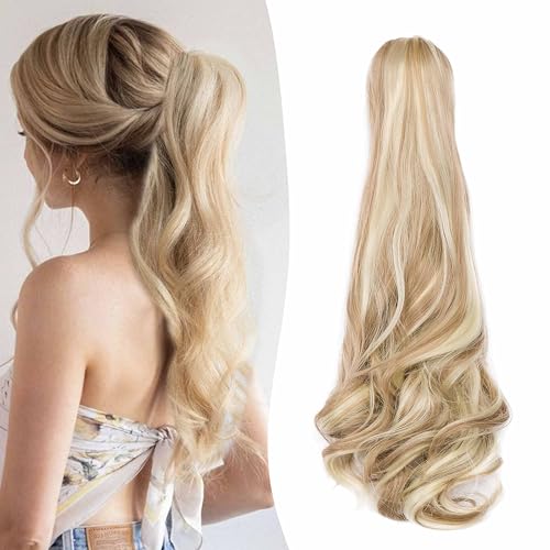 Gairyan 50cm Pferdeschwanz Haarteil Zopf Extensions Lang Lockige Claw Clip in Ponytail Extensions Synthetik Haare Extensions Gewellt Haarteil Haarverlängerung für Frauen, Sandy Blonde & Blond von Gairyan