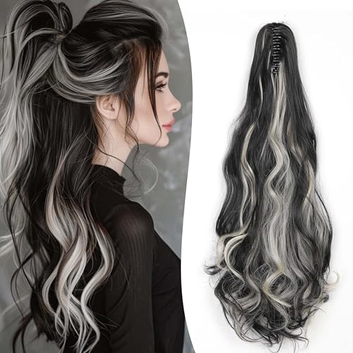 Gairyan 50cm Pferdeschwanz Haarteil Zopf Extensions Lang Lockige Claw Clip in Ponytail Extensions Synthetik Haare Extensions Gewellt Haarteil Haarverlängerung für Frauen, Schwarz & Bleichblond von Gairyan
