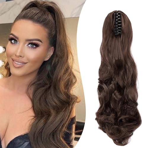 Gairyan 50cm Pferdeschwanz Haarteil Zopf Extensions Lang Lockige Claw Clip in Ponytail Extensions Synthetik Haare Extensions Gewellt Haarteil Haarverlängerung für Frauen (Aschbraun) von Gairyan