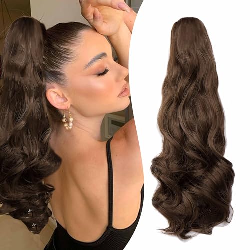 Gairyan 50cm Pferdeschwanz Haarteil Zopf Extensions Lang Lockige Claw Clip in Ponytail Extensions Synthetik Haare Extensions Gewellt Haarteil Haarverlängerung für Frauen (Kastanienbraun) von Gairyan